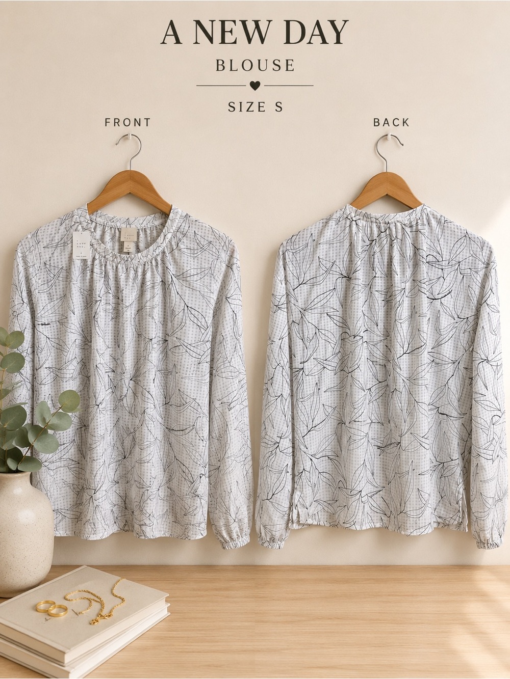 a new day White Blouse with Black Leaf Print